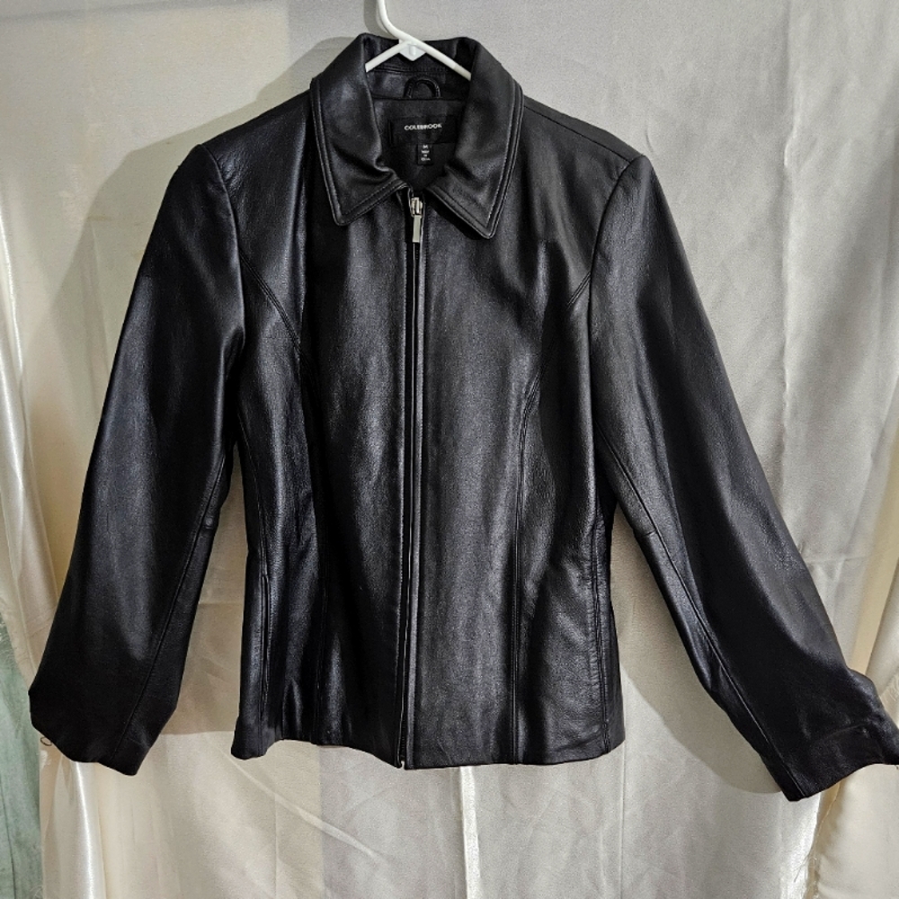 Women's Colebrook medium black leather dress coat